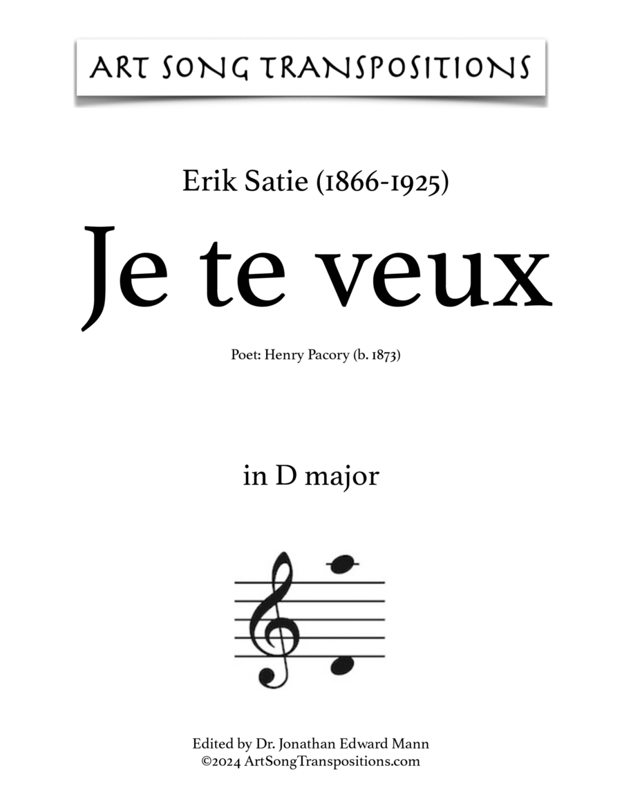 SATIE: Je te veux (transposed to D major) Voice scores gallery preview page 1