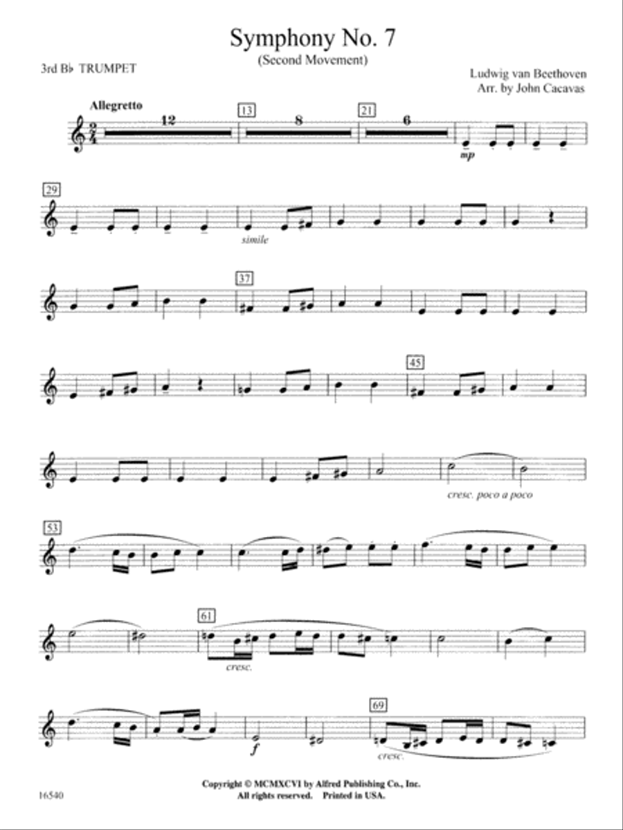 Symphony No. 7 (Second Movement): 3rd B-flat Trumpet Concert Band scores gallery preview page 1