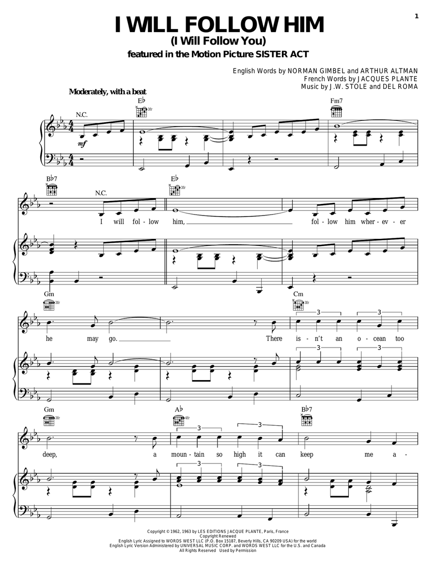 I Will Follow Him (I Will Follow You) Piano, Vocal, Guitar scores gallery preview page 1