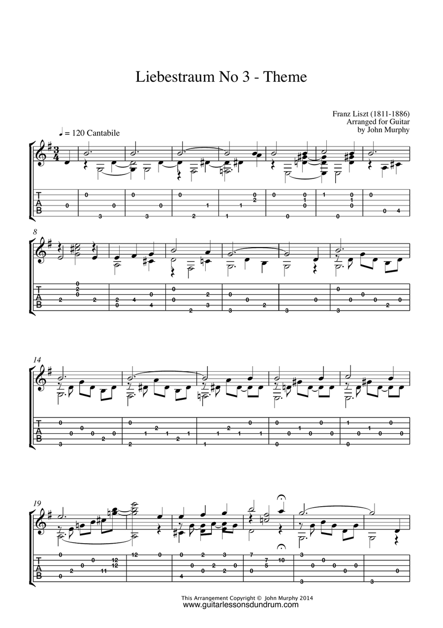 Liebestraum No 3 - Theme Liszt for Guitar Classical Guitar scores gallery preview page 1