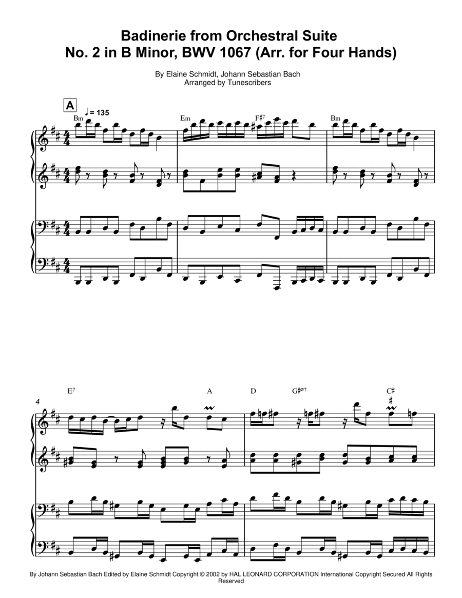 Badinerie from Orchestral Suite No. 2 in B Minor, BWV 1067 (Arr. for Four Hands) 1 Piano, 4-Hands scores gallery preview page 1