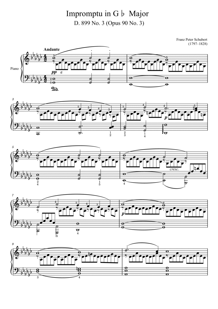 Schubert,Impromptu D.899 Op.90 No.3 in G♭ Major,For Piano Solo,With Fingering Piano Solo scores gallery preview page 1