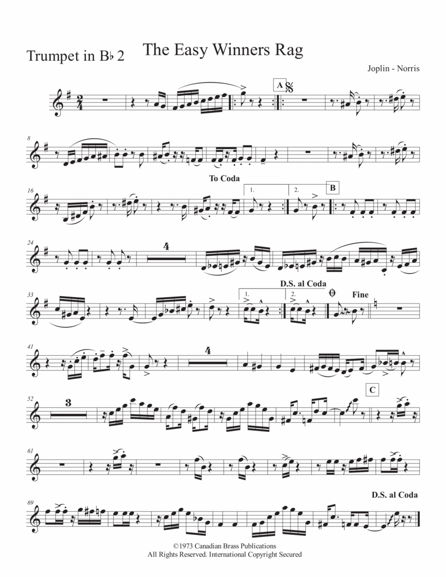 The Easy Winners Rag - Bb Trumpet 2 Brass Quintet scores gallery preview page 1
