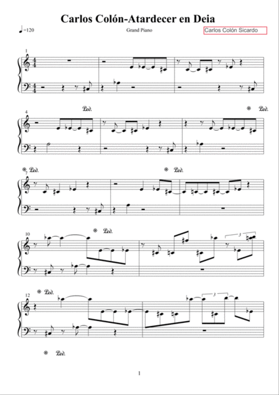 Atardecer en Deià (Sunset in Deià) Piano Solo scores gallery preview page 1