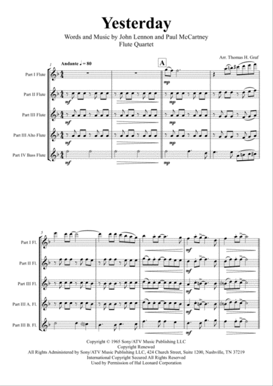 Yesterday Woodwind Quartet scores gallery preview page 1