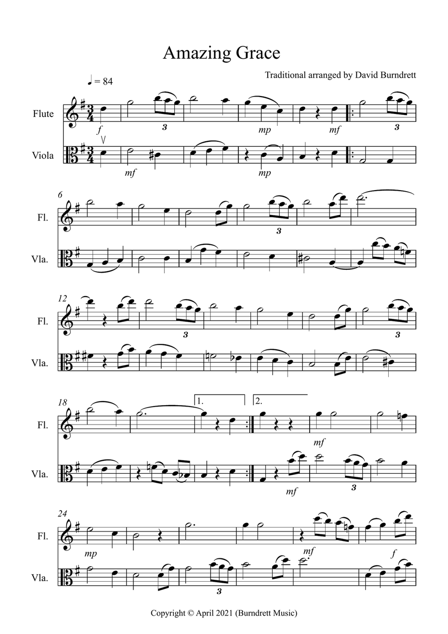 Amazing Grace for Flute and Viola Duet Flute scores gallery preview page 1