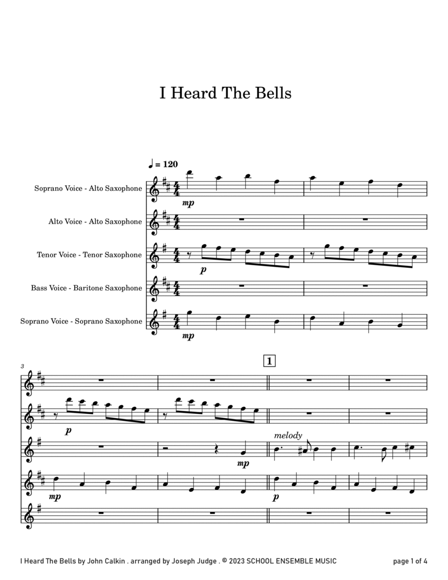 I Heard The Bells for Saxophone Quartet in Schools Saxophone Quartet scores gallery preview page 1