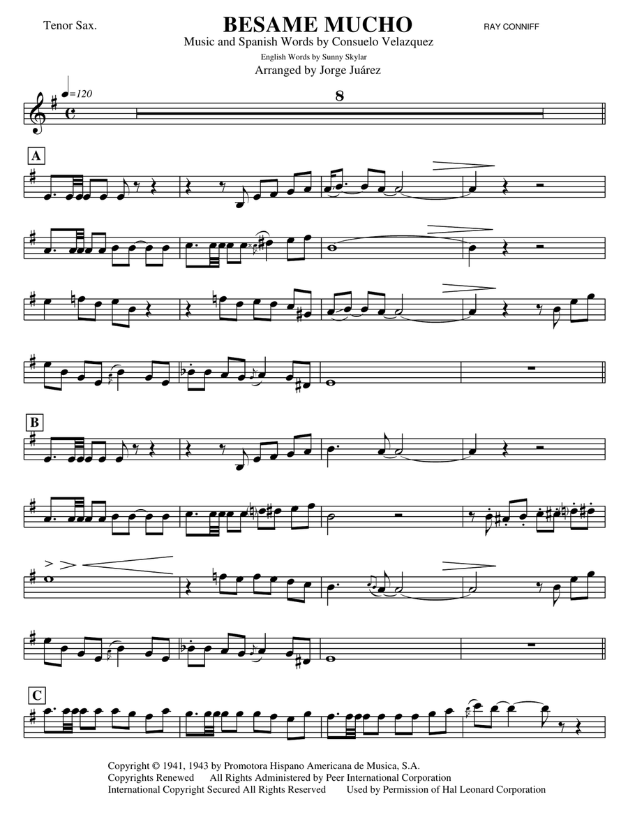 Besame Mucho (Kiss Me Much) Tenor Saxophone scores gallery preview page 1
