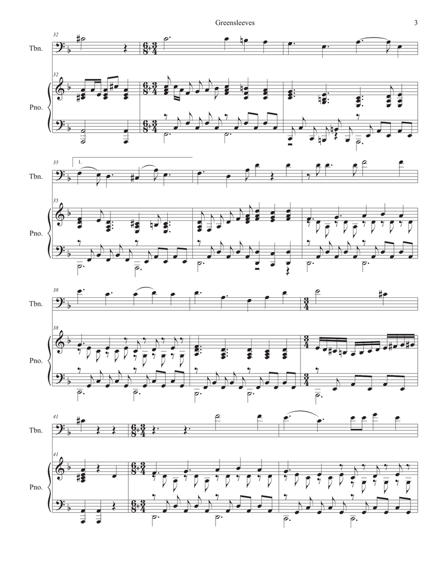 Greensleeves (Trombone solo and Piano) Piano scores gallery preview page 3