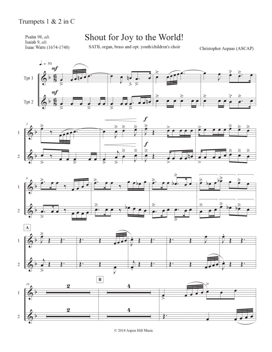 Shout for Joy to the World (Downloadable Brass Parts) Choir scores gallery preview page 1