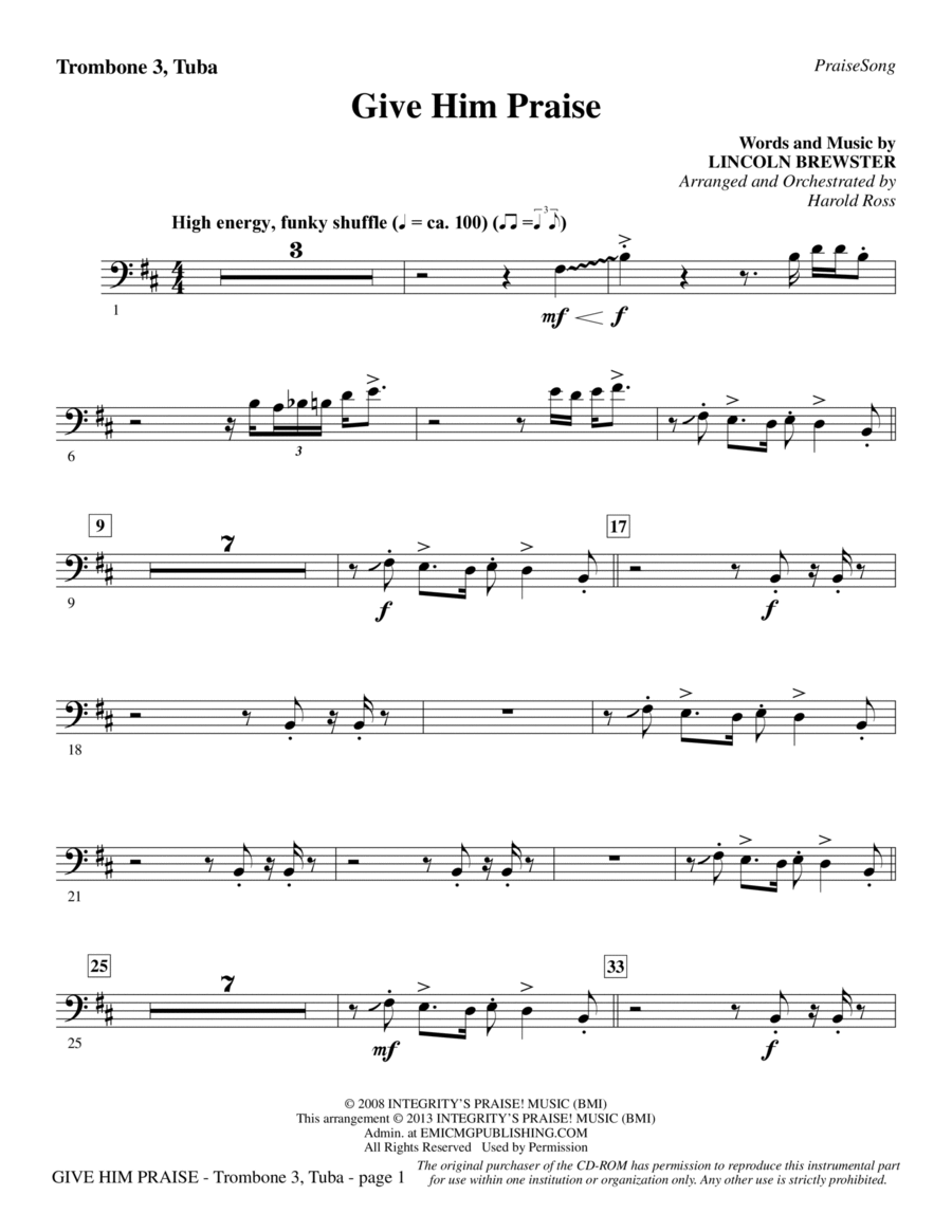 Give Him Praise - Trombone 3/Tuba Choir scores gallery preview page 1