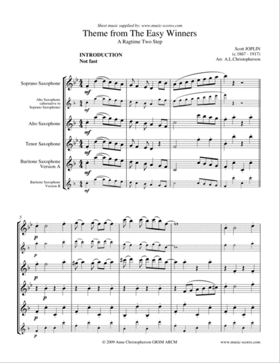 The Easy Winners theme - Sax Quartet Saxophone Quartet scores gallery preview page 1