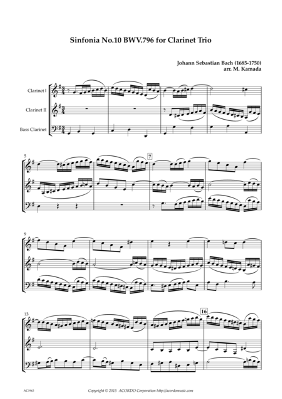 Sinfonia No.10 BWV.796 for Clarinet Trio Clarinet Trio scores gallery preview page 1