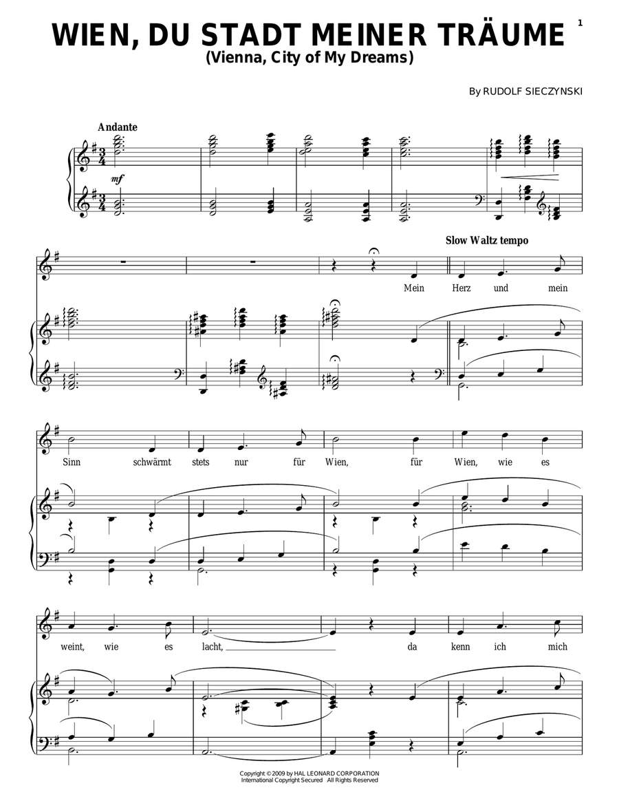 Wien, Du Stadt Meiner Traume Piano, Vocal, Guitar scores gallery preview page 1