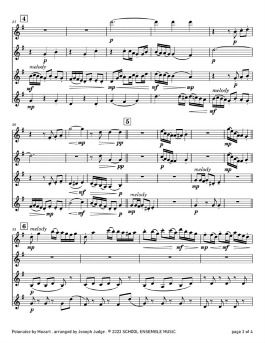 Polonaise by Mozart for Clarinet Quartet in Schools Clarinet Quartet scores gallery preview page 3