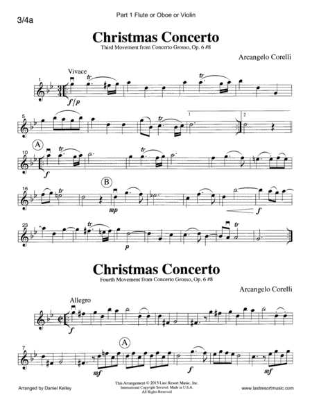 Christmas Concerto (Concerto Grosso Op. 6 #8) for Piano Quartet (Violin, Viola, Cello, Piano) Set of