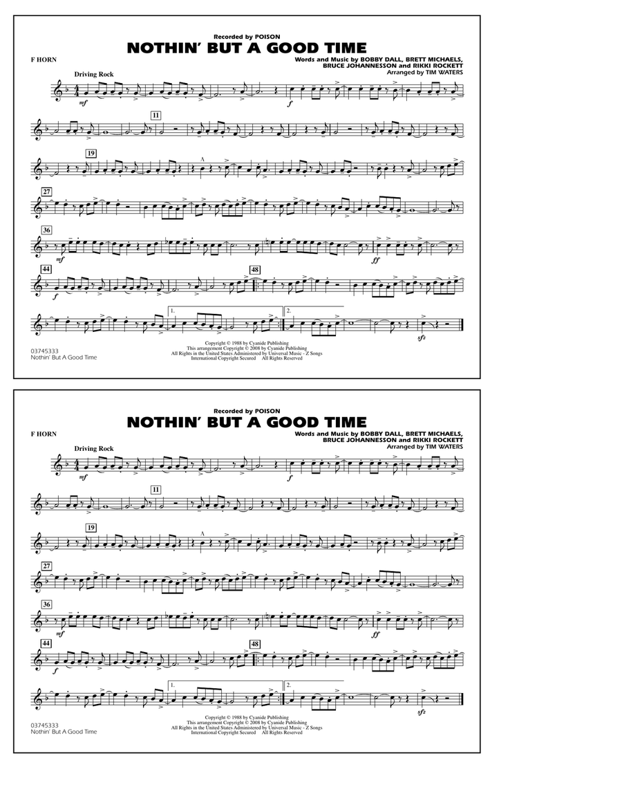 Nothin' But A Good Time - F Horn Marching Band scores gallery preview page 1