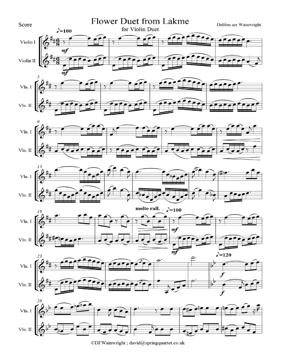 Flower Duet from Lakme by Delibes arranged for two violins String Duet scores gallery preview page 1