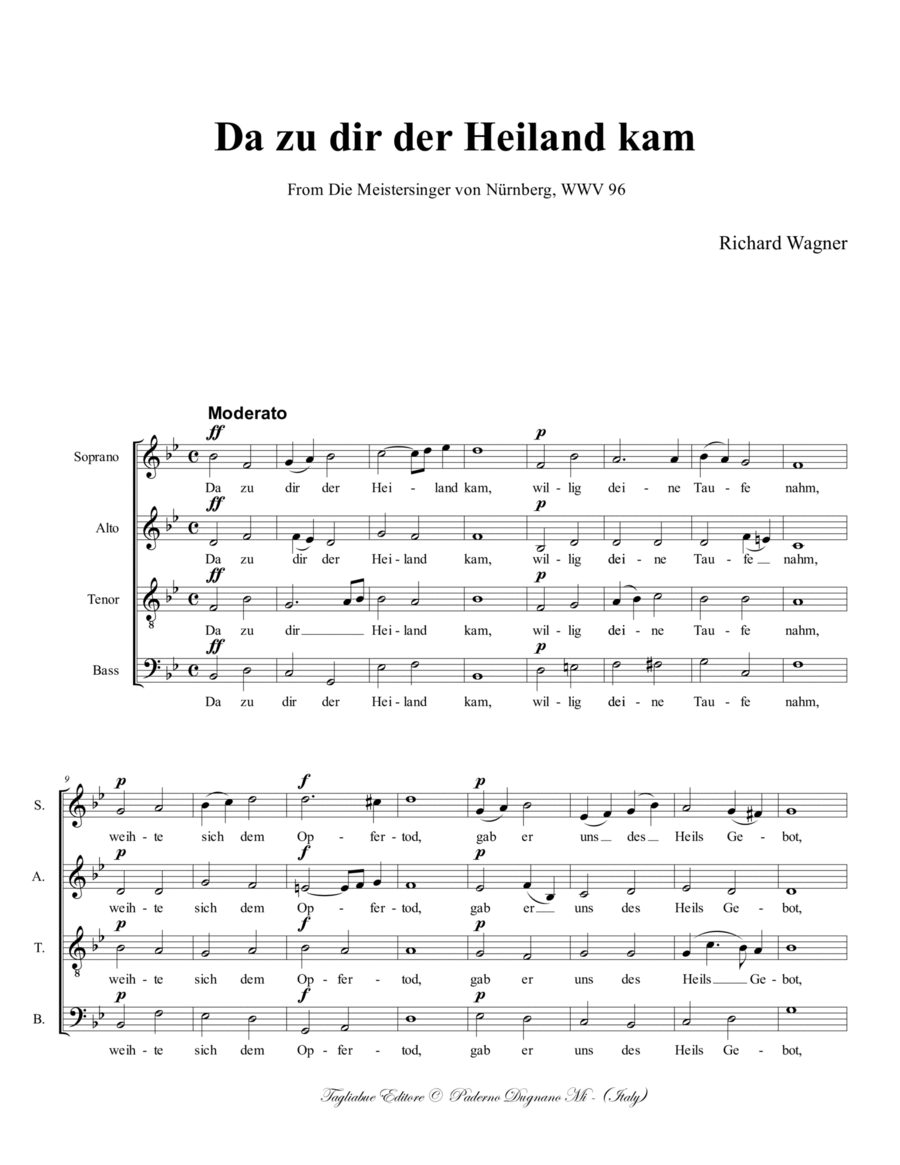 Wagner. Da zu dir der Heiland kam. From Die Meistersinger von Nürnberg, WWV 96 4-Part scores gallery preview page 1