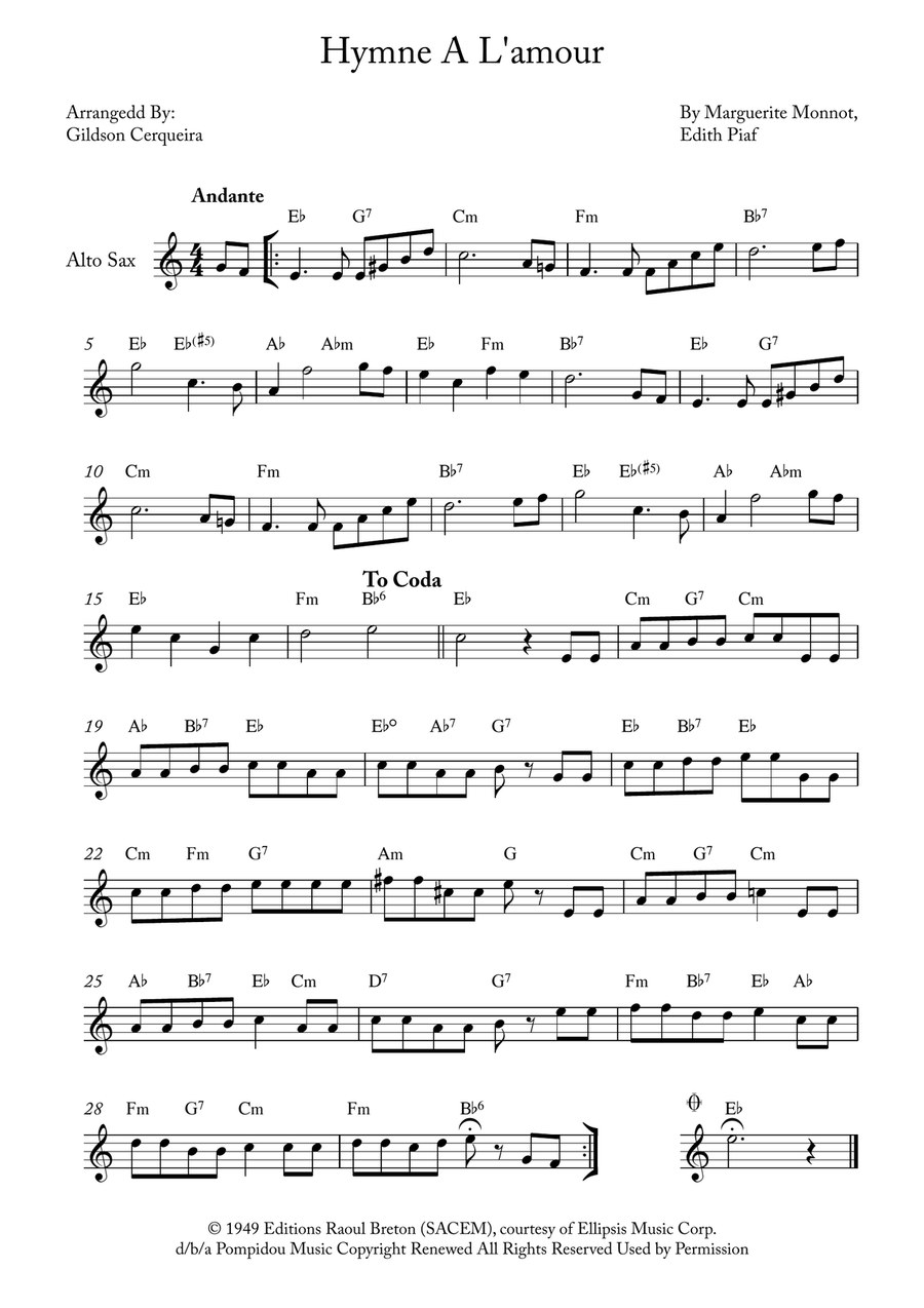 Hymne A L'amour Alto Saxophone scores gallery preview page 1