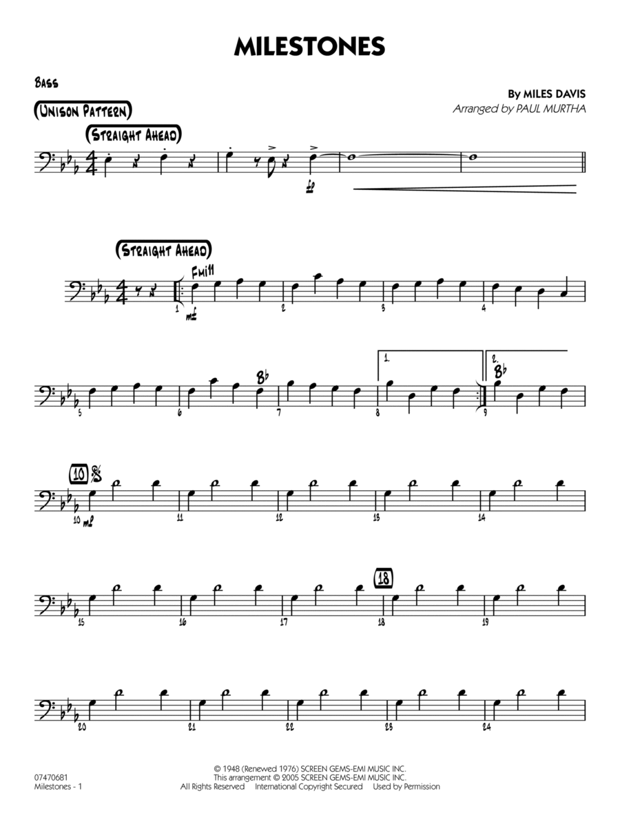 Milestones (arr. Paul Murtha) - Bass Jazz Ensemble scores gallery preview page 1