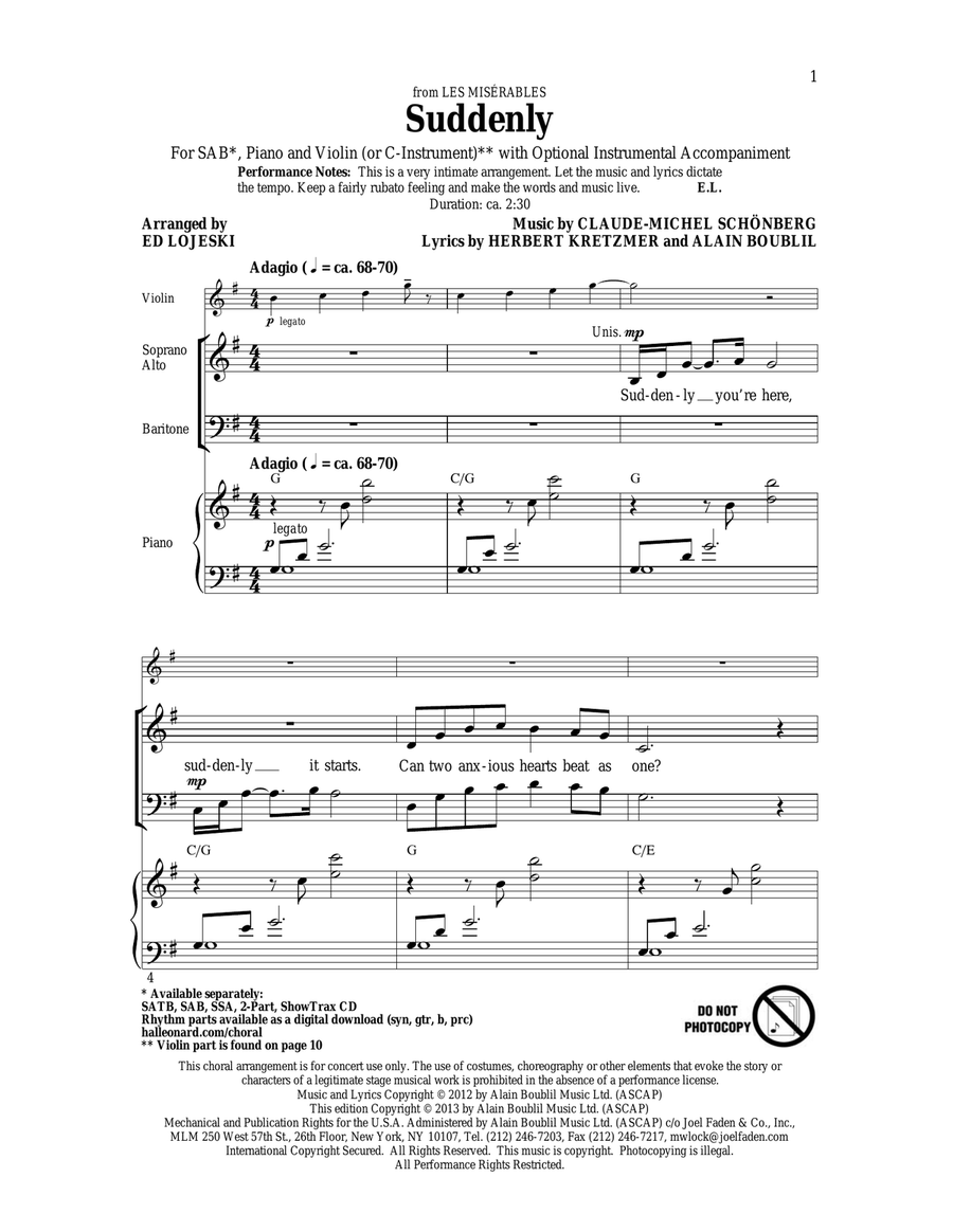 Suddenly (from Les Miserables The Movie) 3-Part scores gallery preview page 1