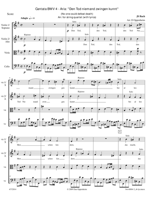 Bach: Cantata BWV 4, No. 3 - Aria: "Den Tod niemand zwingen kunnt" arr. for String Quartet. Option:
