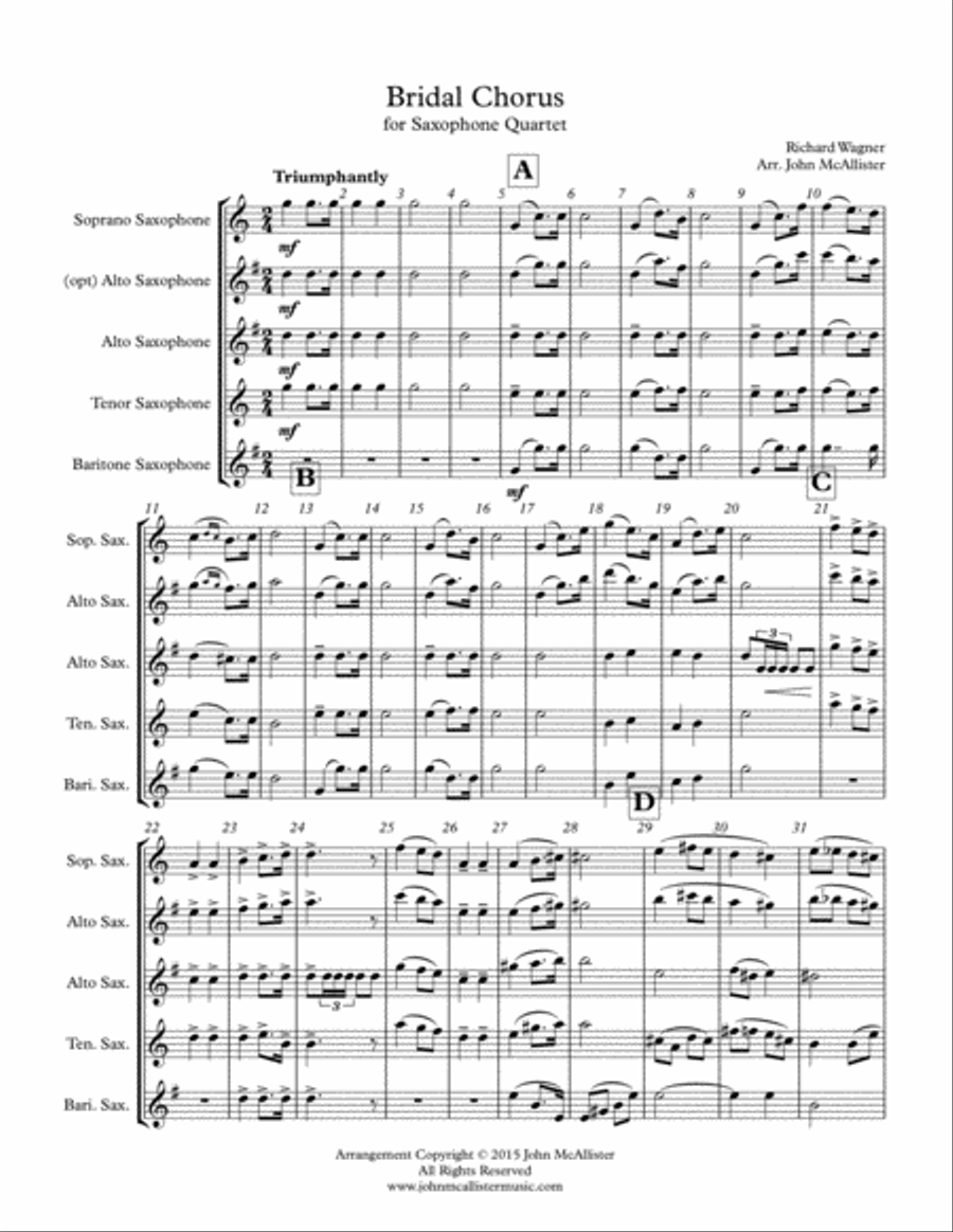 Wedding March for Saxophone Quartet Saxophone Quartet scores gallery preview page 1