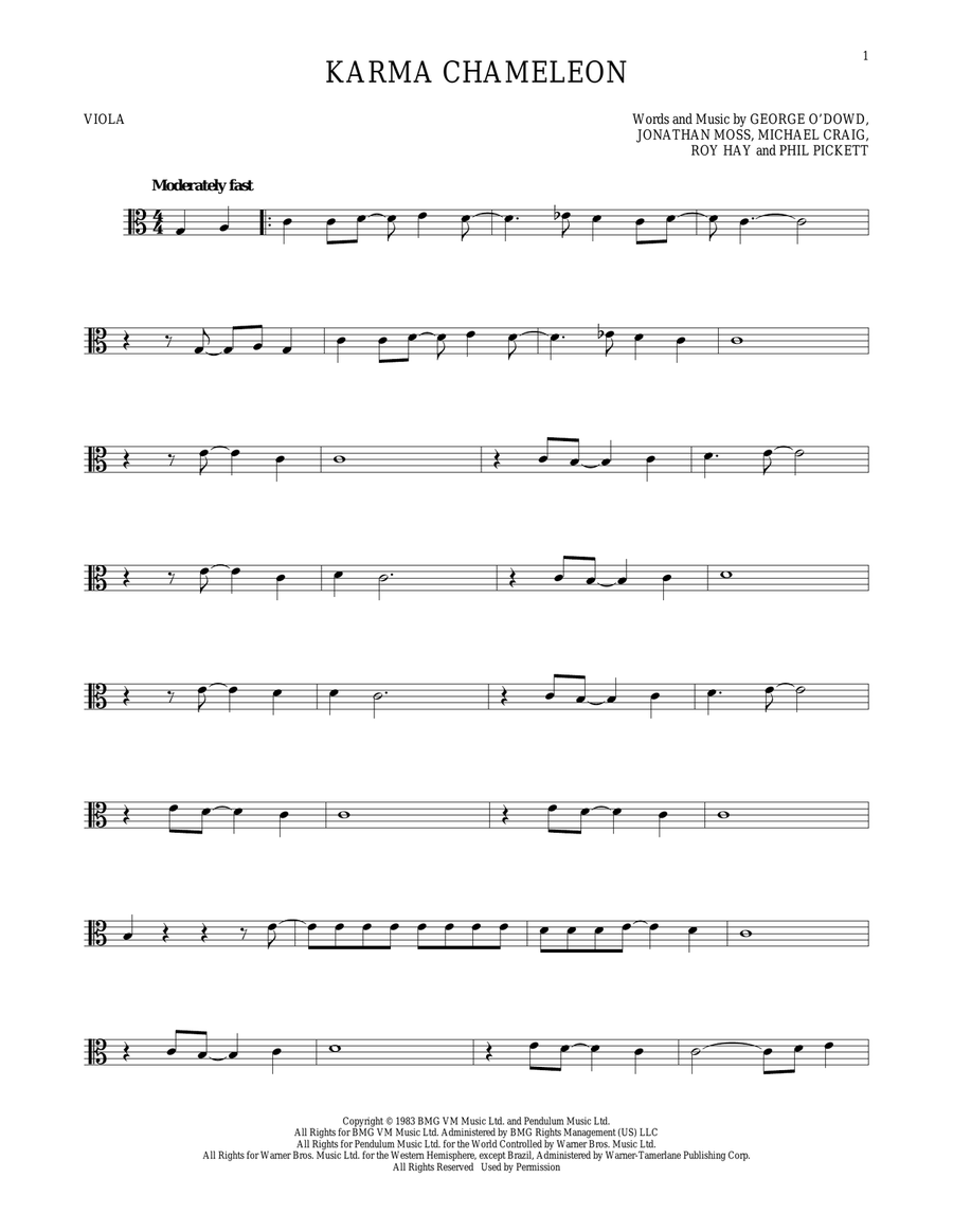 Karma Chameleon Viola Solo scores gallery preview page 1