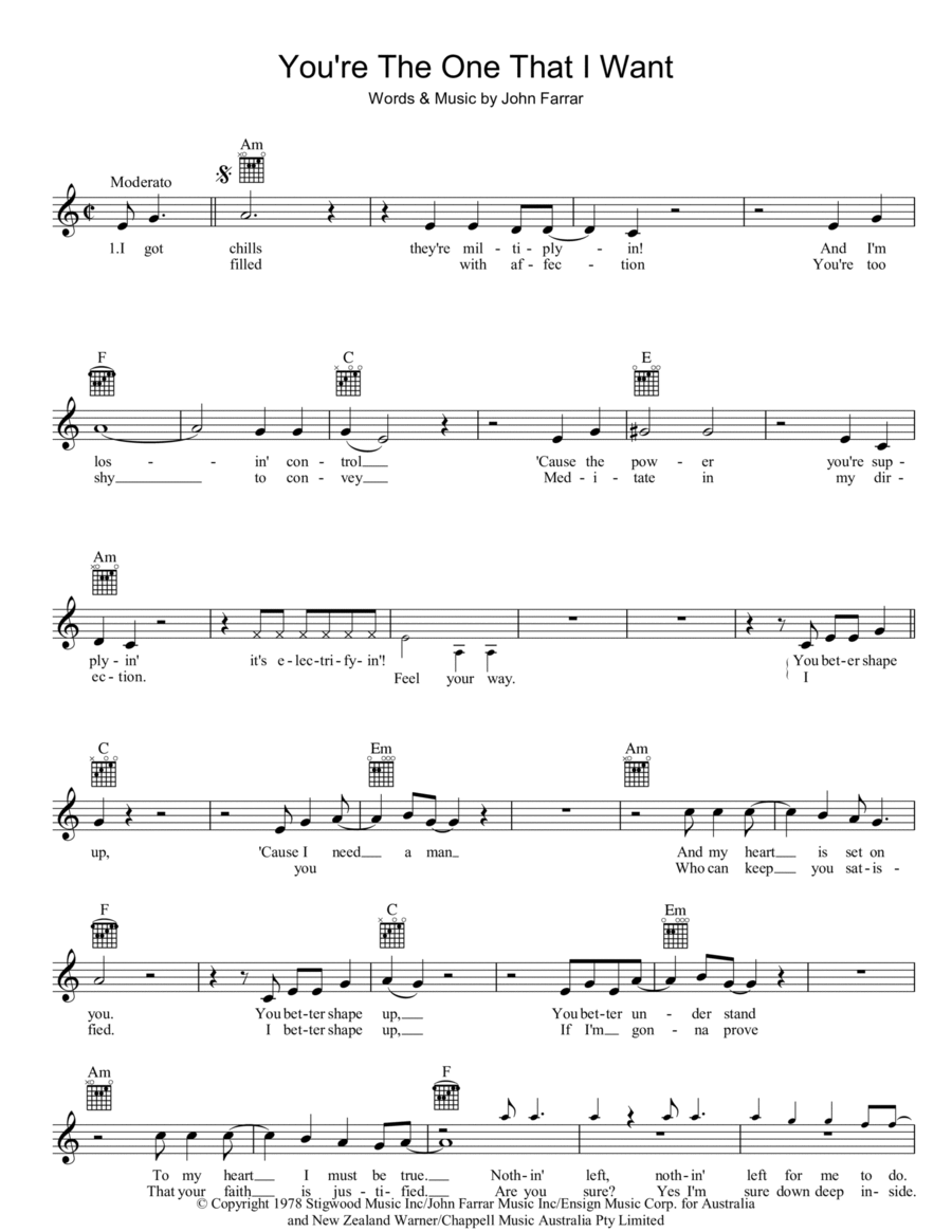 You're The One That I Want Piano scores gallery preview page 1