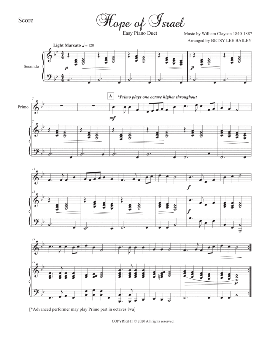 Hope of Israel - Easy Piano Duet for Teacher and Student (beginner) image number null