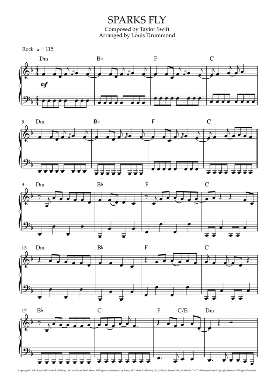 Sparks Fly Easy Piano scores gallery preview page 1