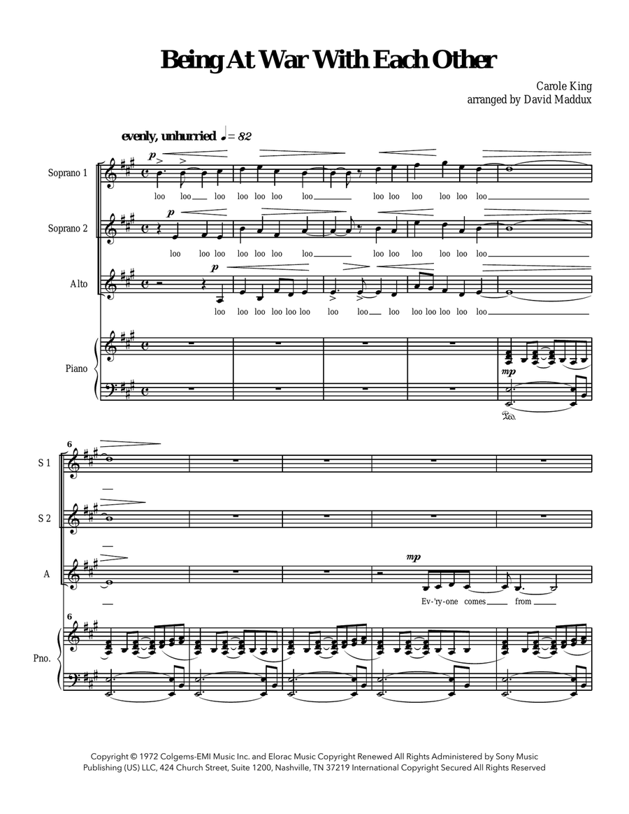 Being At War With Each Other by Carole King SSAA - Digital Sheet Music