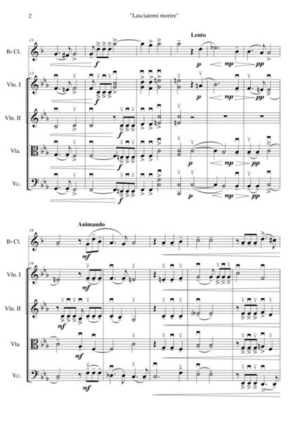 "Lasciatemi morire" for Clarinet and String Quartet image number null