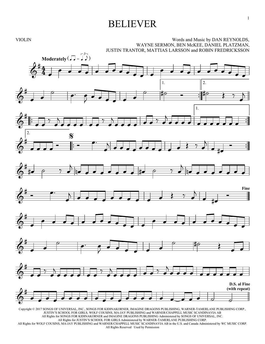 Believer Violin Solo scores gallery preview page 1