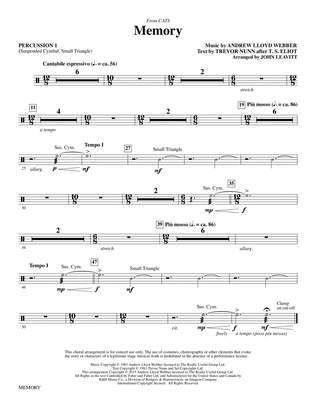 Book cover for Memory (from Cats) (arr. John Leavitt) - Percussion 1