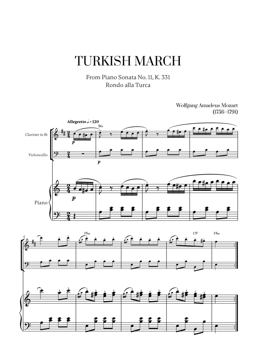 W. A. Mozart - Turkish March (Alla Turca) for Clarinet, Cello and Piano B-Flat Clarinet scores gallery preview page 1