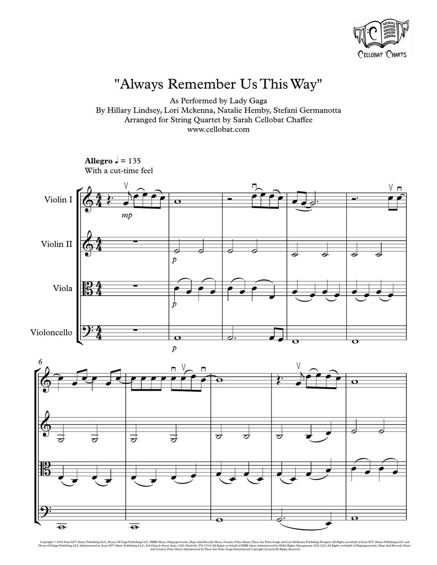 Always Remember Us This Way String Quartet scores gallery preview page 1