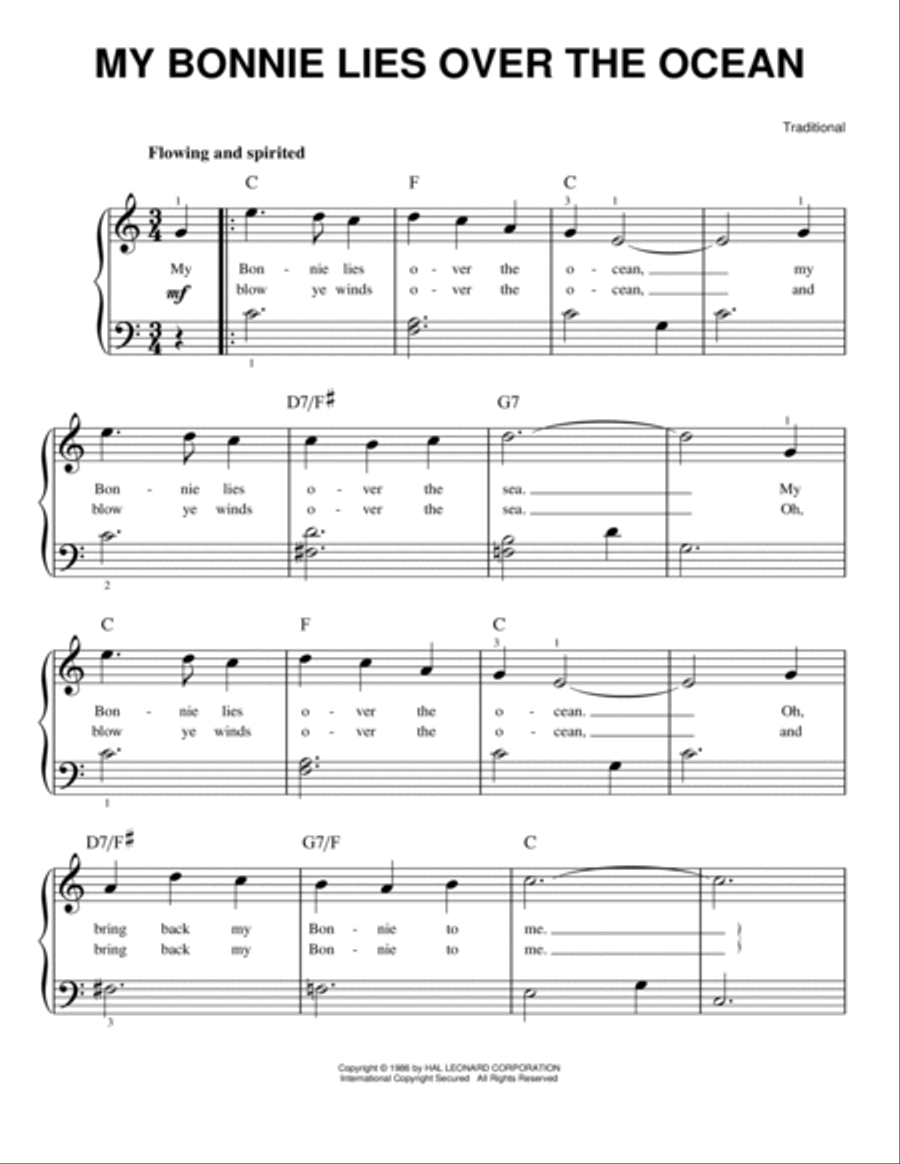 My Bonnie Lies Over The Ocean Easy Piano scores gallery preview page 1