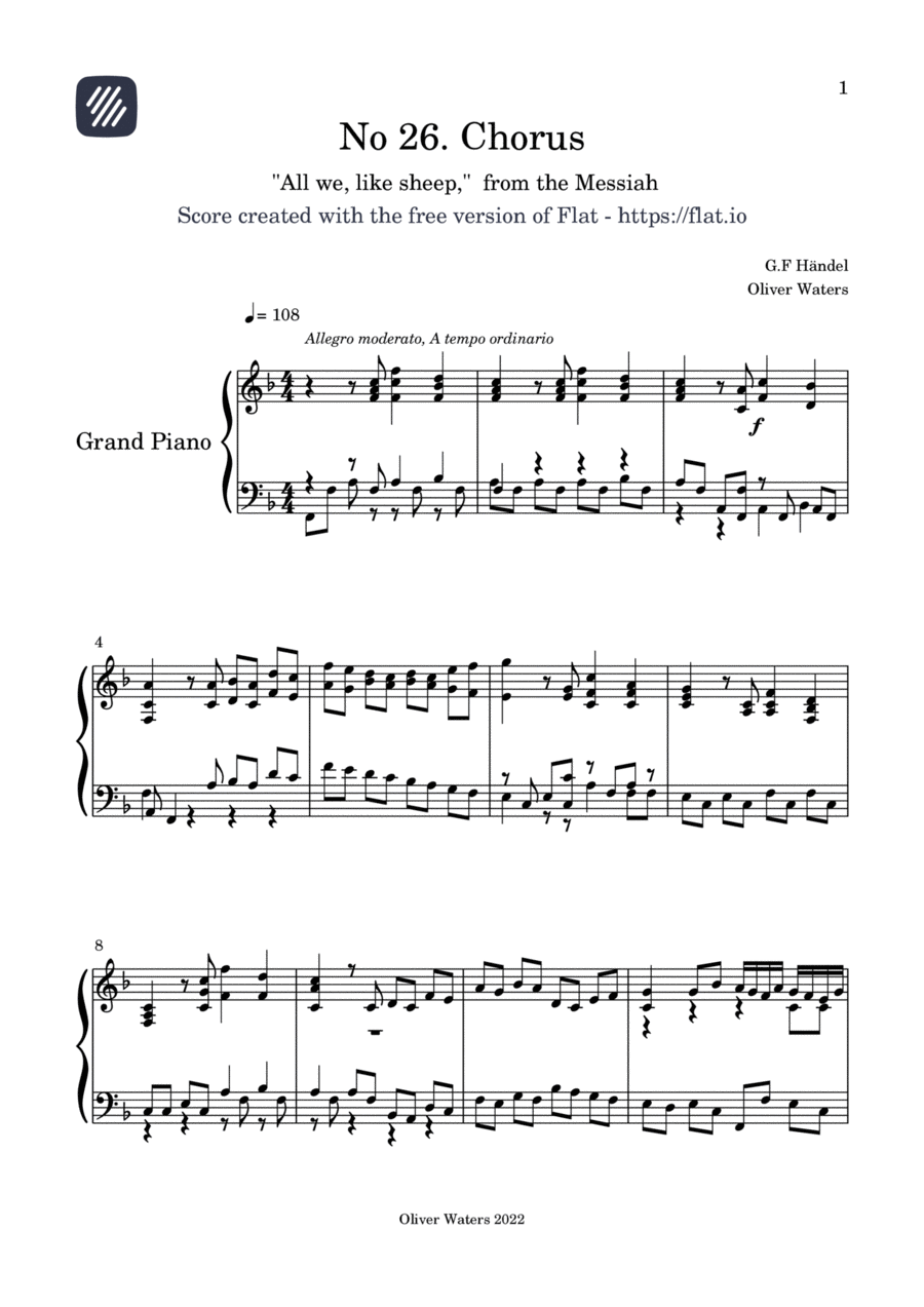“Messiah 2.26: All we like sheep” - Arranged for solo piano Piano Solo scores gallery preview page 1