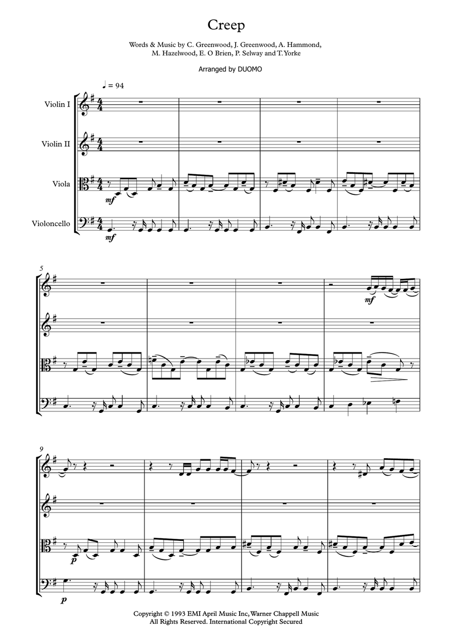 Creep String Quartet scores gallery preview page 1