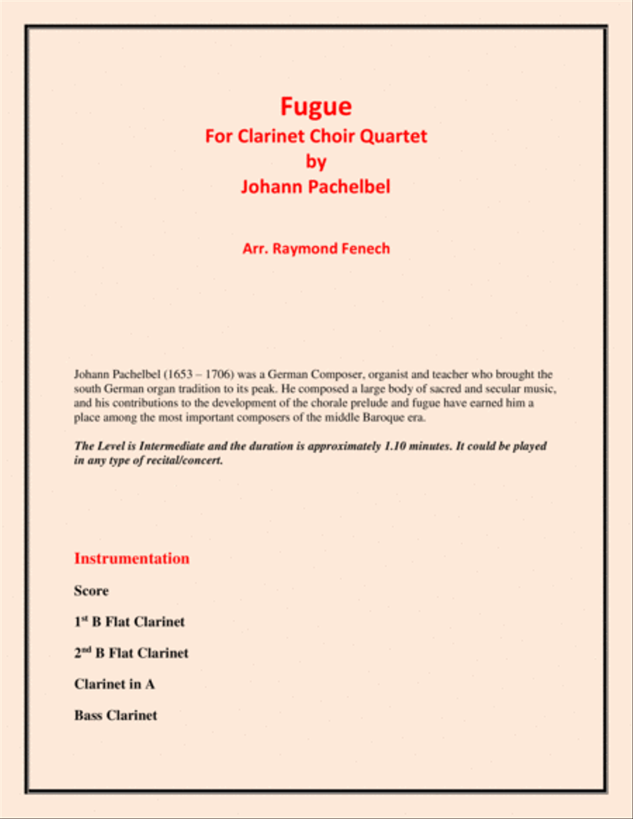 Fugue - Johann Pachelbel - Clarinet Choir Quartet (2 B Flat Clarinets; Alto Clarinet and Bass Clarin Clarinet Quartet scores gallery preview page 2