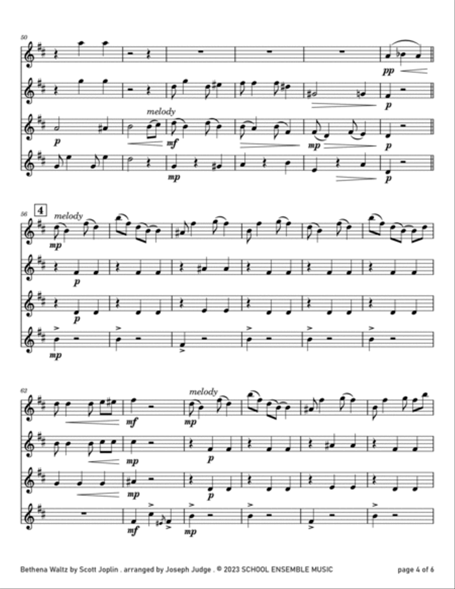 Bethena Waltz by Scott Joplin for Clarinet Quartet in Schools Clarinet Quartet scores gallery preview page 4