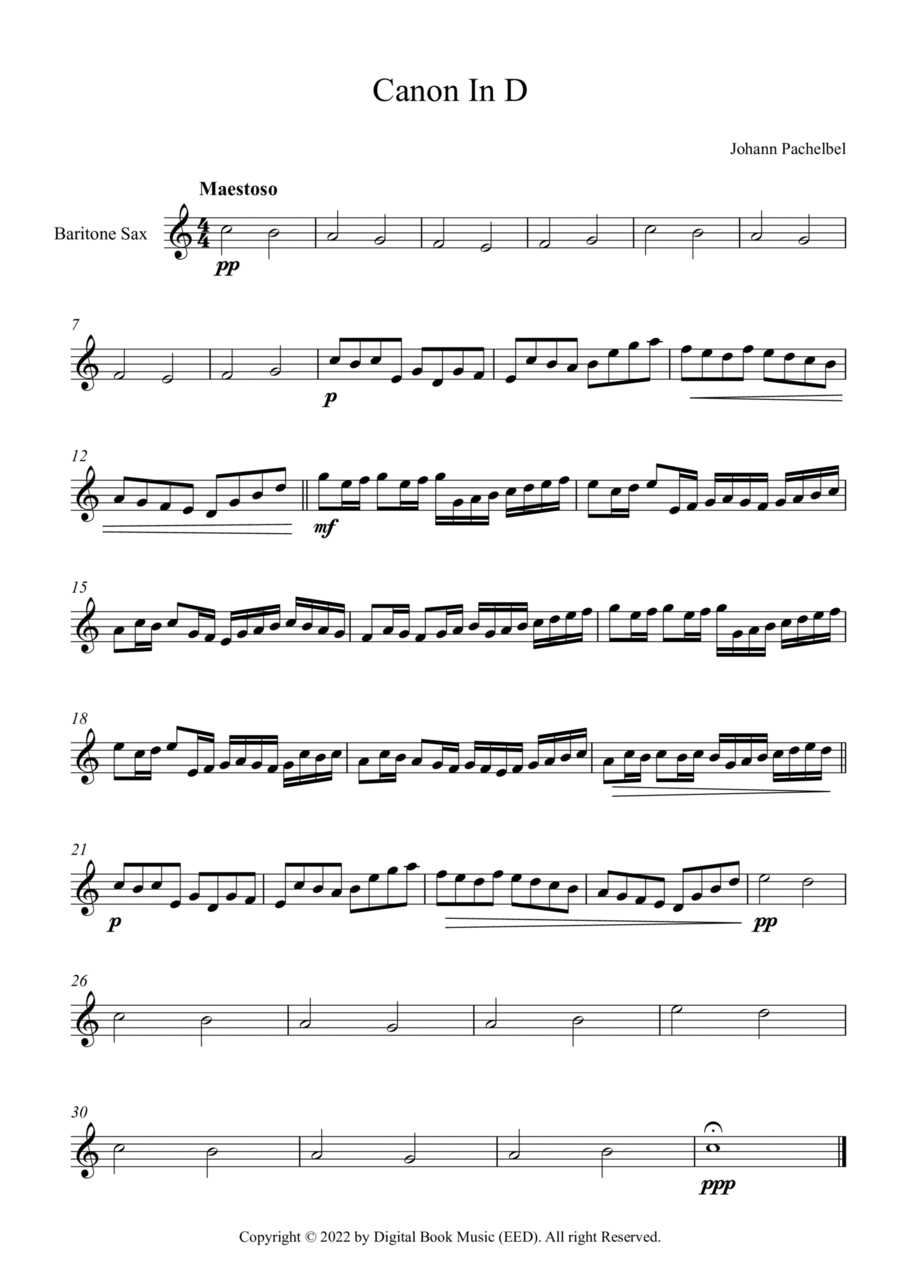 Canon In D - Johann Pachelbel (Bariton Sax) Baritone Saxophone scores gallery preview page 1