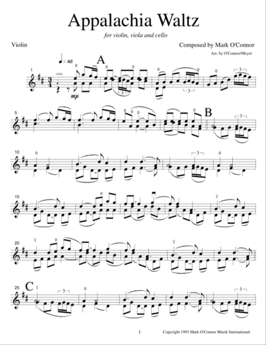 Appalachia Waltz (violin part - vln, vla, cel) String Trio scores gallery preview page 4
