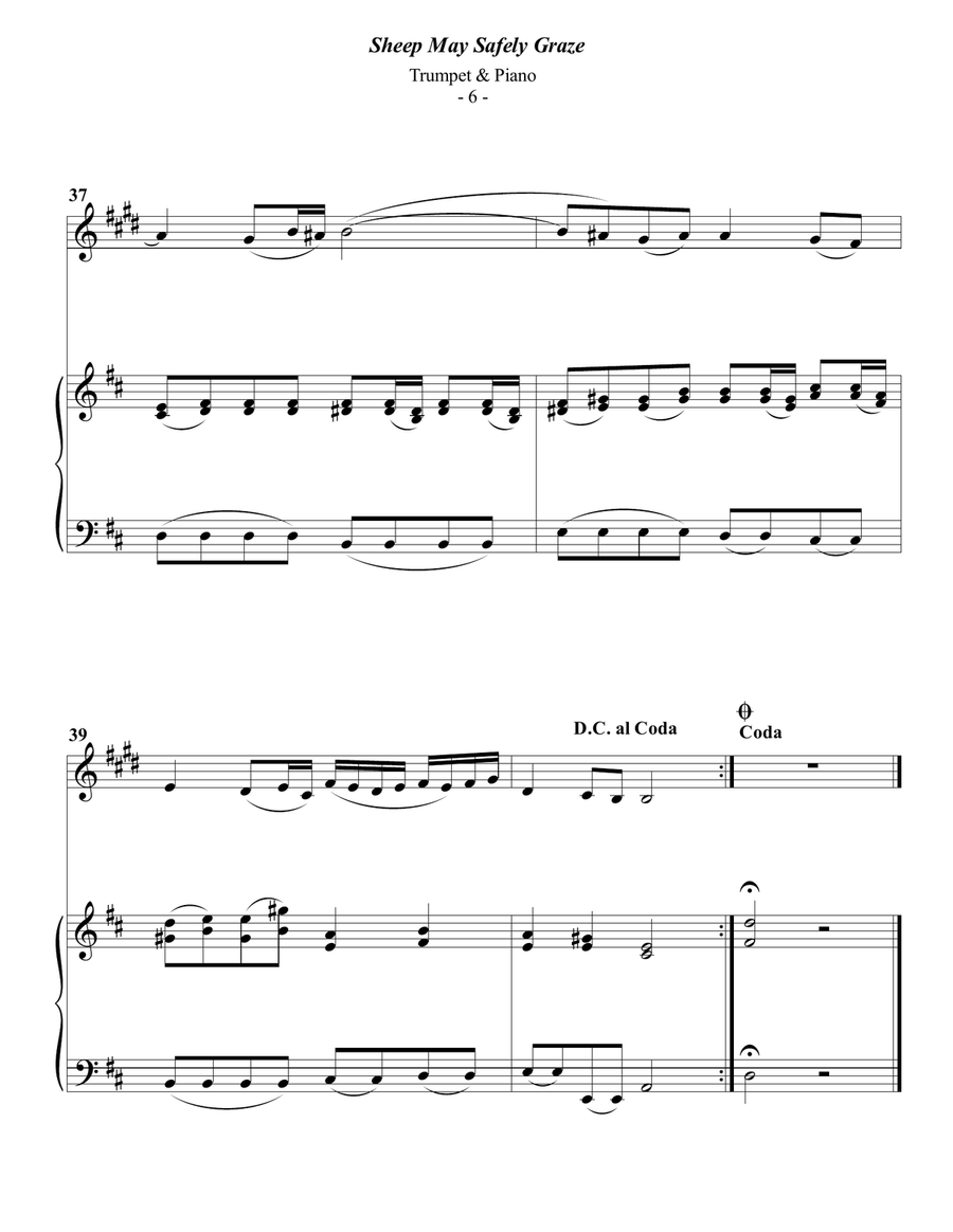 Bach: Sheep May Safely Graze for Trumpet & Piano B-Flat Trumpet scores gallery preview page 6