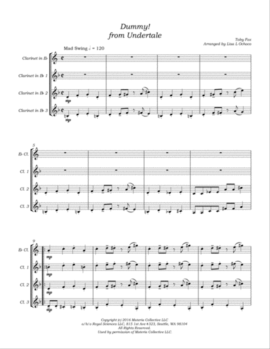 Dummy! (from Undertale) Clarinet Quartet scores gallery preview page 5