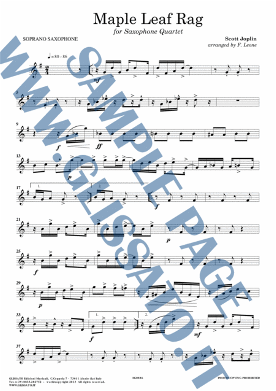Saxophone sheet music for Quartet "Maple Leaf Rag" (score & parts) image number null