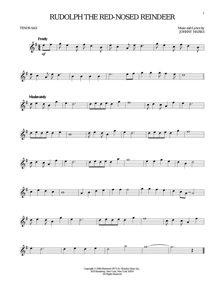 Rudolph The Red-Nosed Reindeer Tenor Saxophone scores gallery preview page 1