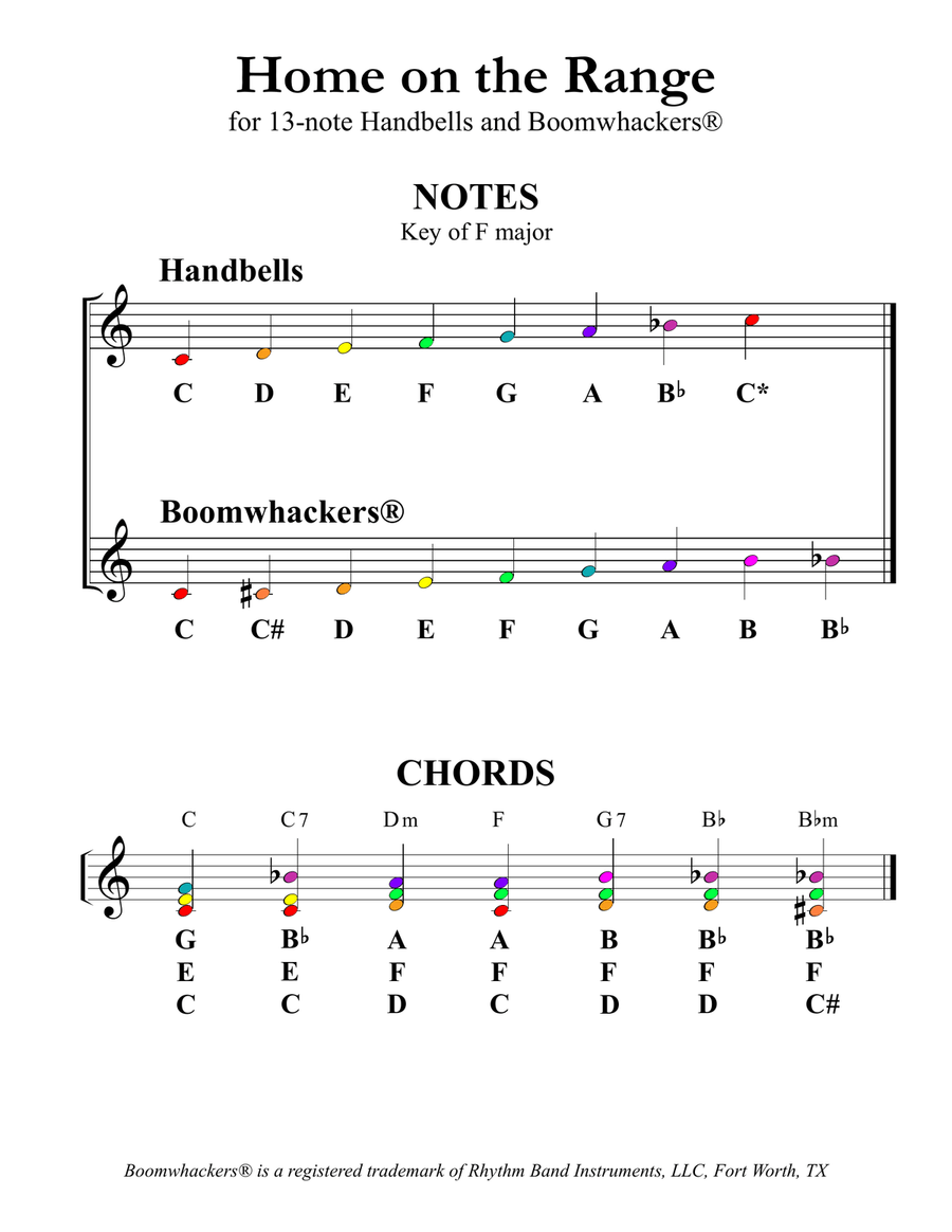 Home on the Range (for 13-note Bells and Boomwhackers with Color Coded Notes) Handbell Choir scores gallery preview page 3
